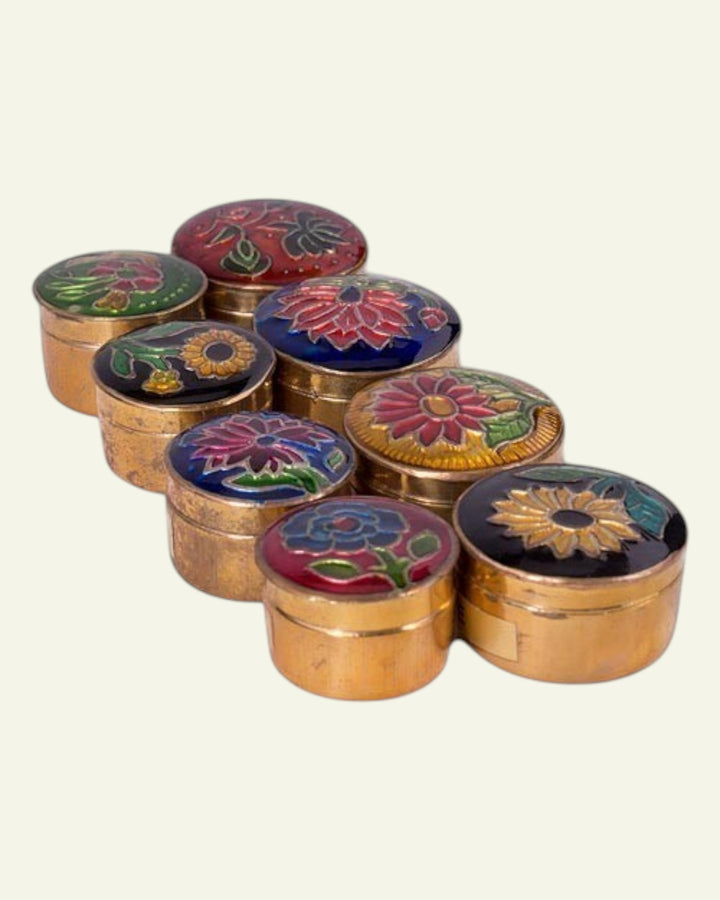 ULA assorted floral enamel on brass decorative tins for creme perfume. Small & large sizes available.