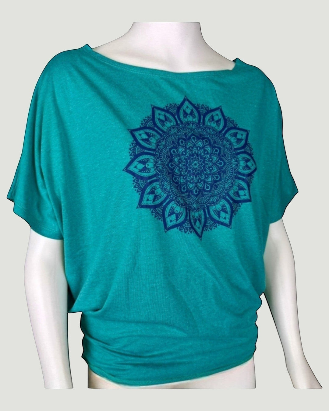 ULA Aqua Sea batwing top with navy blue mandala print. Soft, breathable fabric, boat neck, dolman sleeves.