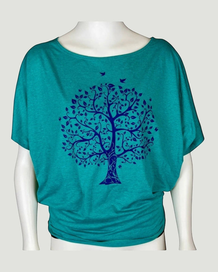 ULA 'Hot' Batwing Top in Aqua Sea with a blue tree and bird print. Soft, breathable fabric.