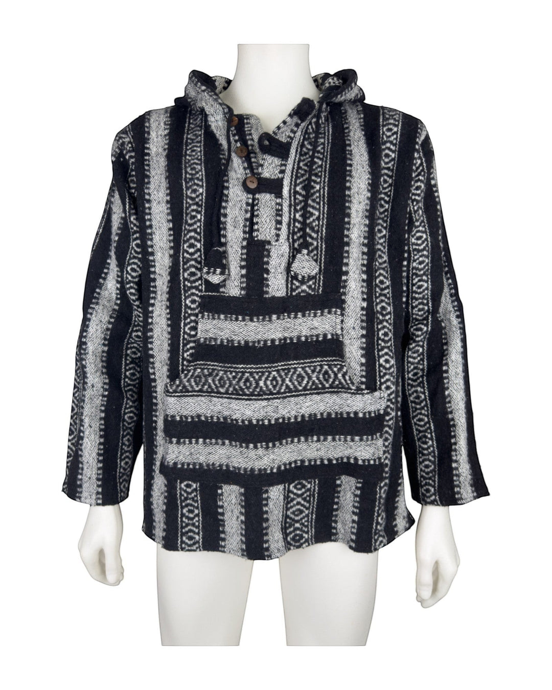 ULA black and grey striped woven cotton pullover hoodie with front pocket and wooden button detail.