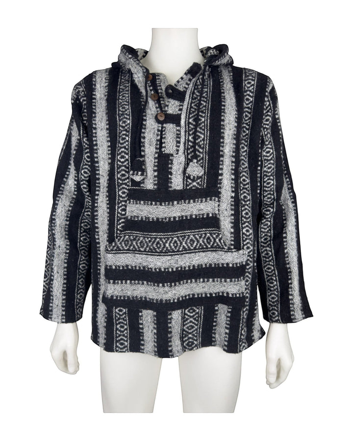 ULA black and grey striped woven cotton pullover hoodie with front pocket and wooden button detail.