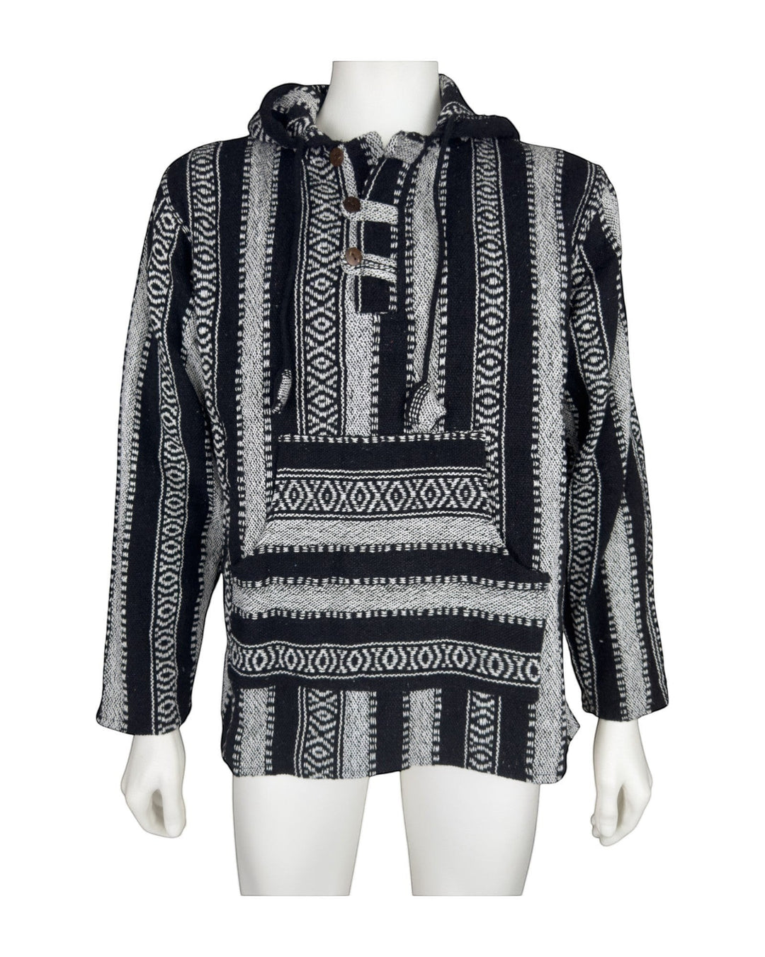 ULA black and white striped woven cotton pullover hoodie with front pocket and button detail.