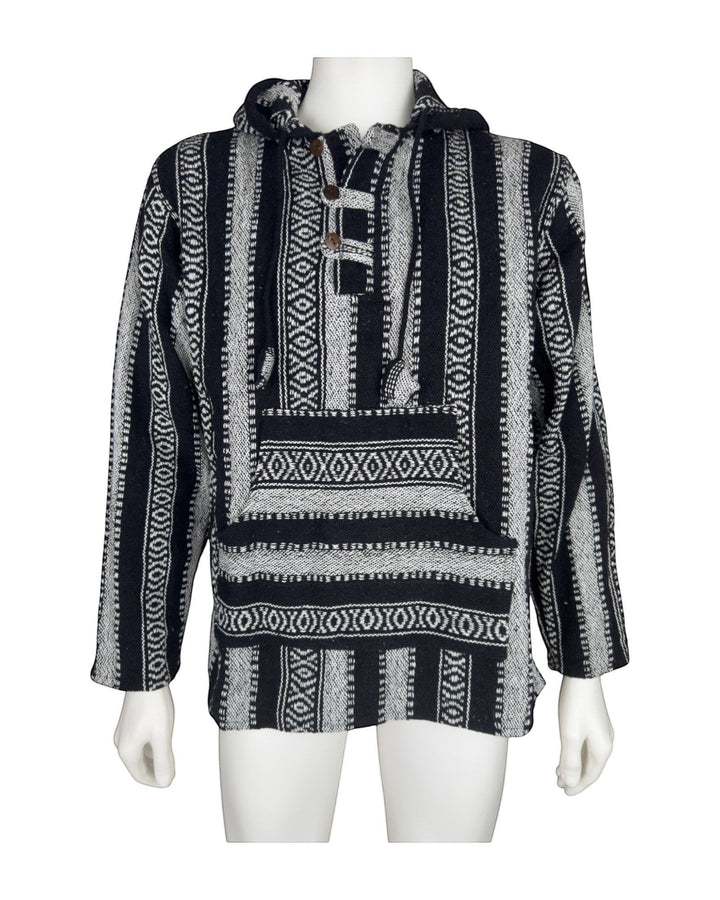 ULA black and white striped woven cotton pullover hoodie with front pocket and button detail.