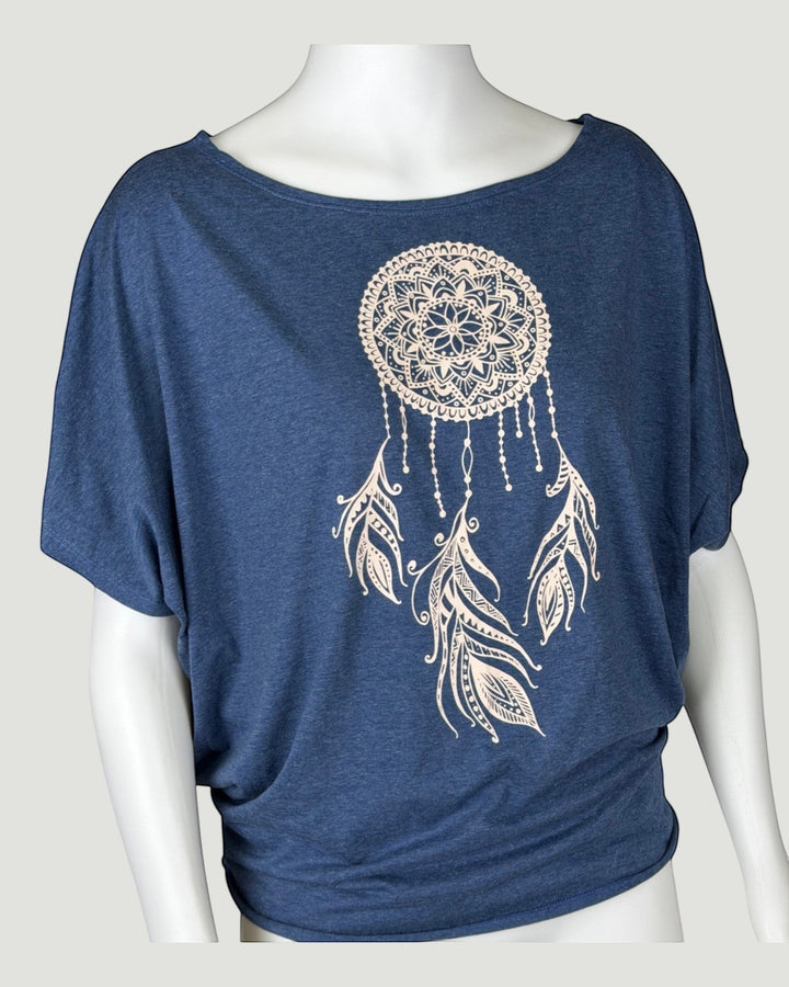 ULA blue batwing top with dreamcatcher and feather print. Soft, relaxed fit, ideal for casual wear.