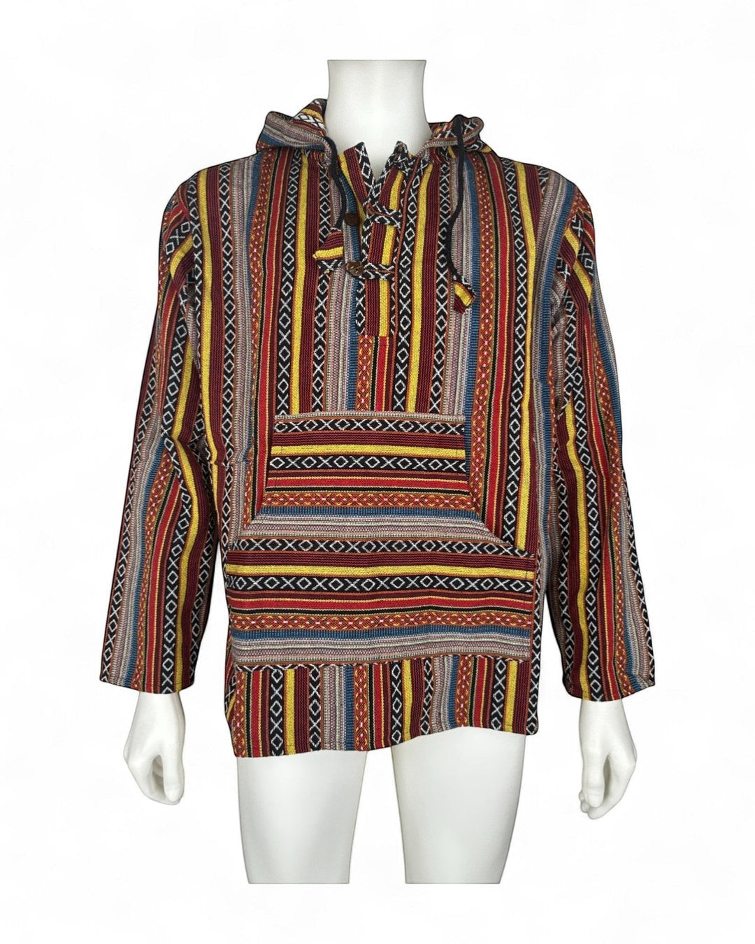 ULA 'Traveller' Pullover, a colourful striped 100% cotton hooded top with a front pocket and wooden toggle drawstring.